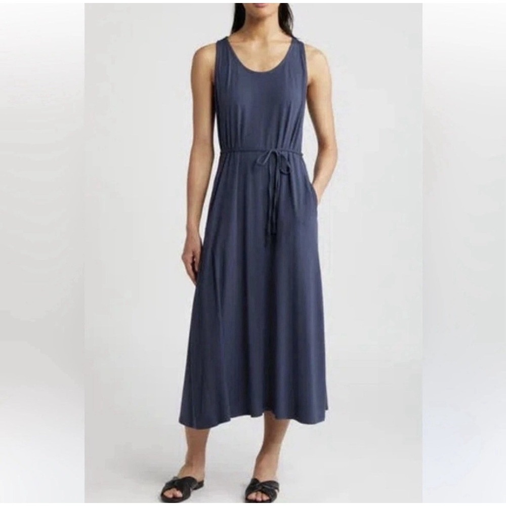 Eileen Fisher Racerback Full Length Dress Sleeveless Fine Jersey Ocean Navy Sz S
